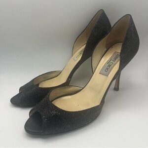 Jimmy Choo Black Glitter Peep-Toe Heels